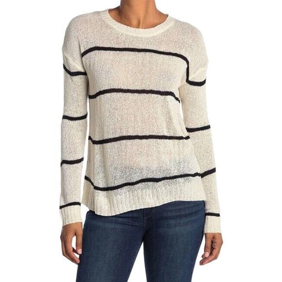 Bobeau Sweater Womens M Medium Oatmeal Black Striped Open Weave Long Sleeve Crew - Picture 1 of 13